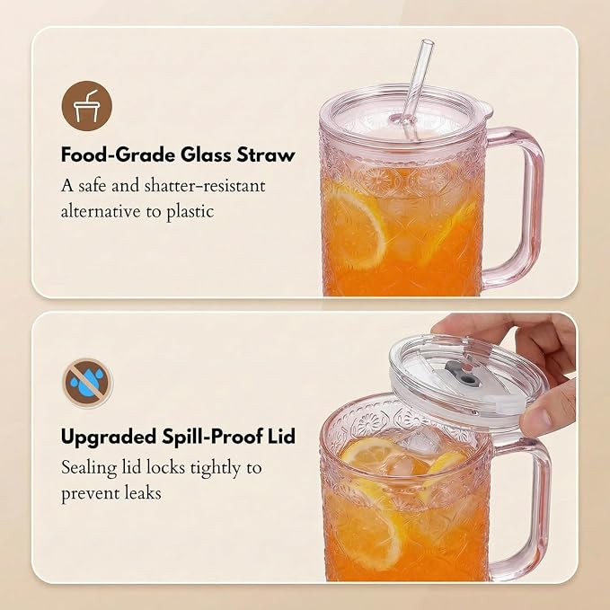 20 oz Pink Glass Tumbler with Lid and Straw, Glass Iced Coffee Cups, - Image 8