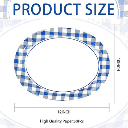 50Pcs Blue and White Gingham Oval Paper Plates 10" x 12" Large Blue Gingham Checkered Plaid Plates Disposable Heavy Duty Oktoberfest Plate for Oktoberfest Holiday Picnic BBQ Birthday Party Decorations