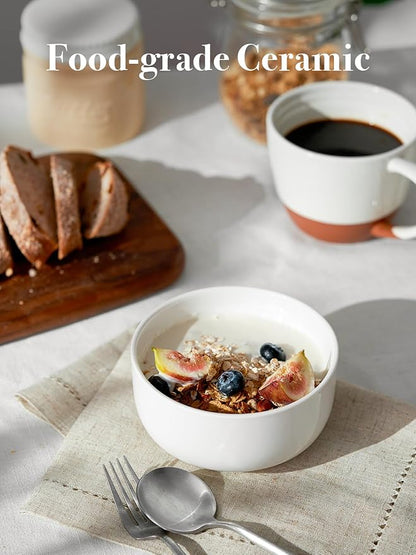 DOWAN White Ceramic Bowls Set of 6, 22 oz Ceramic Cereal Bowls, Everyday Cereal, Soup & Rice Bowls, Stackable Stoneware for Modern Kitchens, Dishwasher & Microwave Safe Bowl
