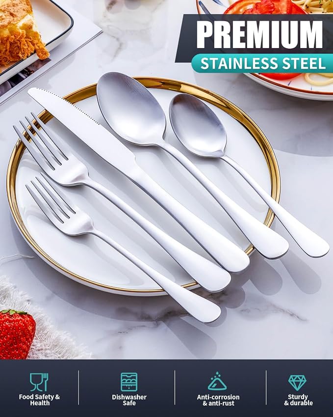 Matte Silverware Set with Steak Knives, 20-Piece Stainless Steel Flatware Set - Image 3