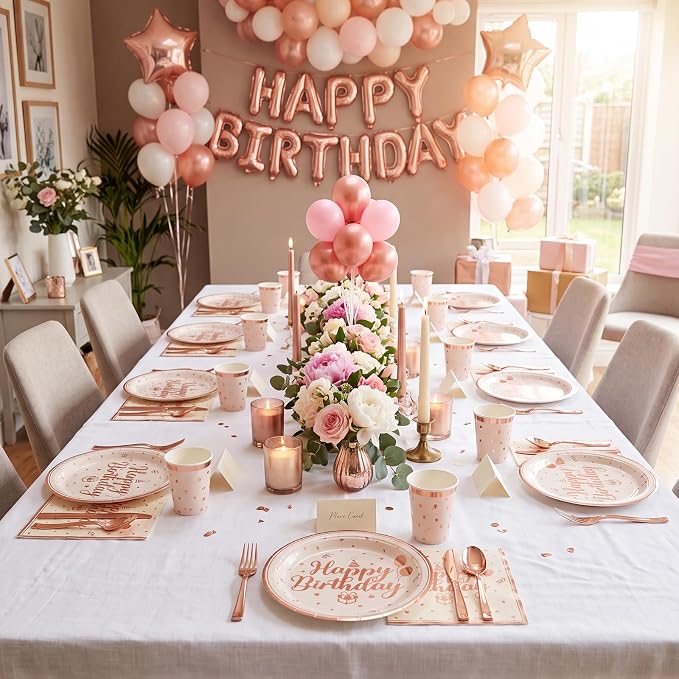NatNarr 50 Pcs Happy Birthday Plates and Napkins Set, 7 Inch Pin Rose Gold - Image 6