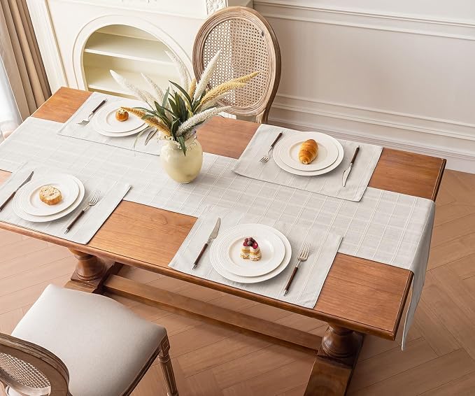 Linen Textured Table Runner, Machine Washable, Farmhouse Neutral Checked table - Image 7