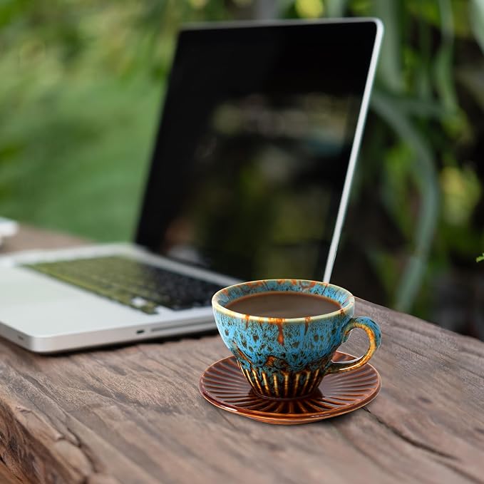 4 oz Espresso Cups and Saucers Set of 2, Ceramic Tea Cup - Image 5
