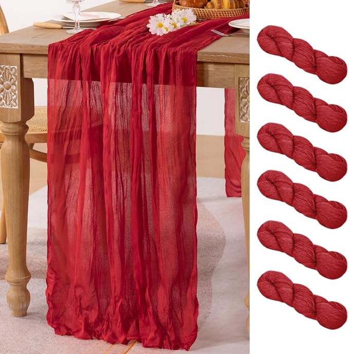 6 Pack Red Cheesecloth Table Runner 10ft Boho Gauze Annniversary Decor | by MLMC