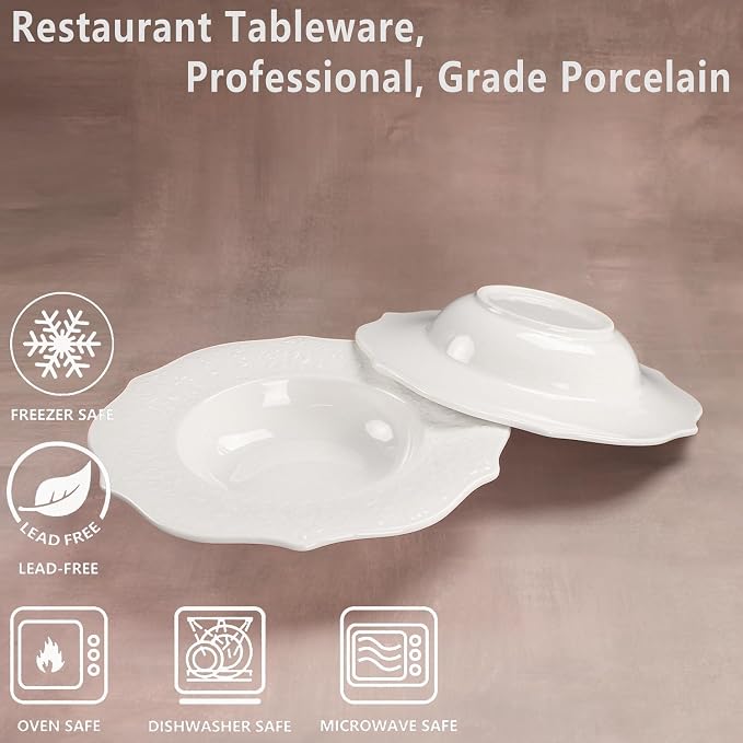 Soup Bowls, Pasta Bowls Plates, Embossed Porcelain Wide Rim Bowls, 8.5 Oz - Image 3