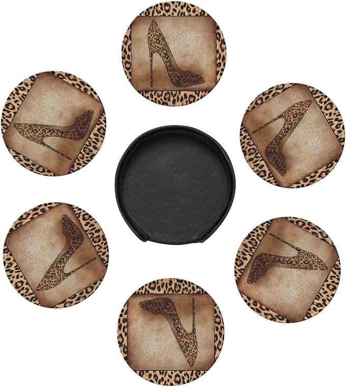 6 Pcs Leopard Print Brown Animal Texture High Heels Leather Coasters - Image 7