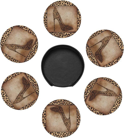 6 Pcs Leopard Print Brown Animal Texture High Heels Leather Coasters - Image 7