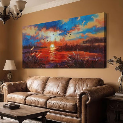 Anolyfi Red Sunset Reed Canvas Wall Art for Living Room, Sunset over the Lake Wall Decor Decorative Painting Large Artwork for Men Room Hallway Bedroom Kitchen Office Home Decor 40"x20"