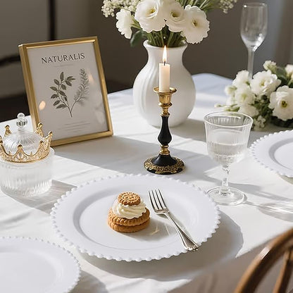 U-QE 60PCS White Plastic Plates - Fancy Beaded Plates Disposable Heavy Duty - Premium Hard Plastic Plates for Party, Wedding & Birthday Including 30 Dinner Plates 10" & 30 Dessert Plates 7"