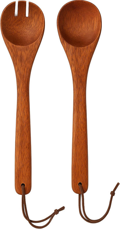 Woodard & Charles 14" Wood Salad Servers w/Leather Strap, Cherry Stain | - Image 3