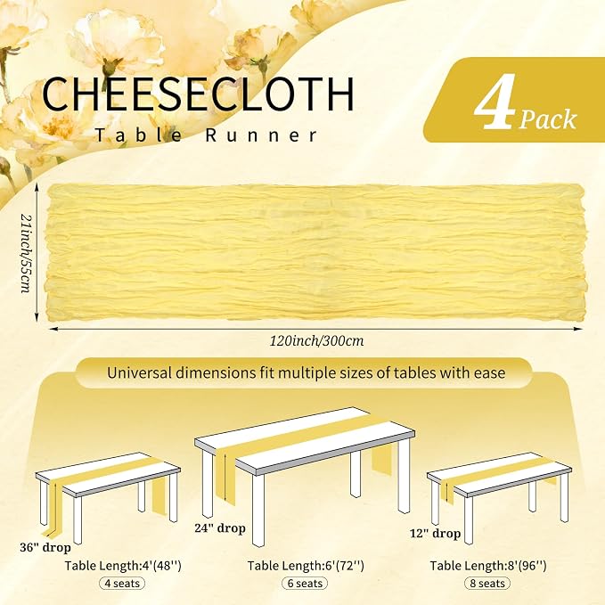 4 Pack Cheesecloth Table Runner 10FT Light Yellow Table Runner Boho Gauze - Image 2