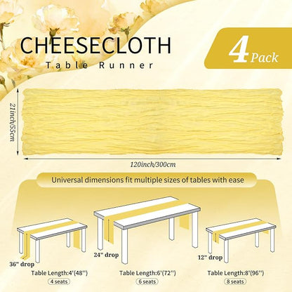 4 Pack Cheesecloth Table Runner 10FT Light Yellow Table Runner Boho Gauze - Image 2