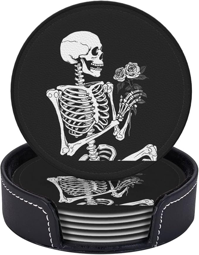 Roses Skeleton Skull Rock and Roll Leather Coasters Set of 6 - Image 2