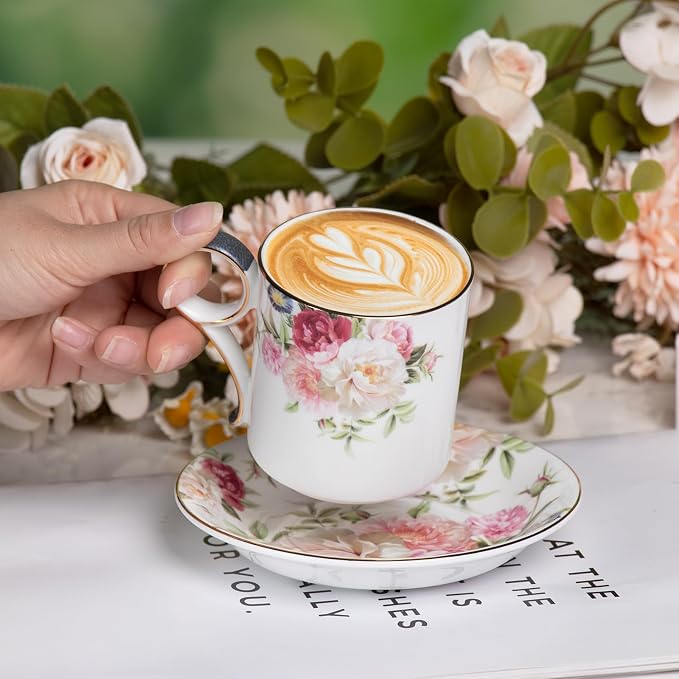 KAMMAK Tea Cups and Saucers Set of 2, Porcelain Coffee Cups, JBE014 | Stackable - Image 4