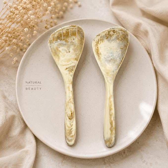 SS CRAFTS INDIA Premium 11" Marbled White & Brown Resin Salad Servers | Set of - Image 7