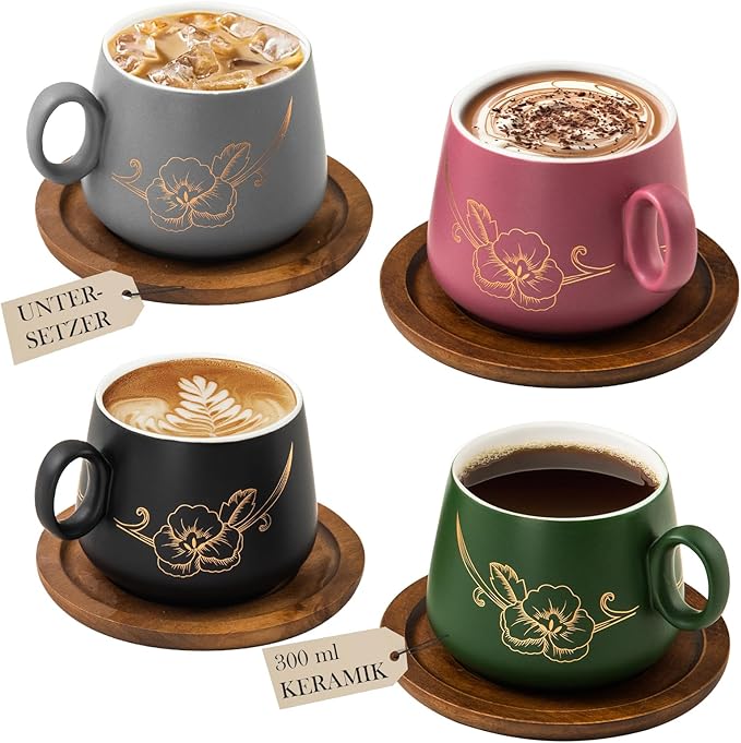 Yundu 10oz Cappuccino Cups & Wooden Saucers Set by YunduHome