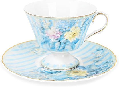 fanquare Vintage Blue Striped Tea Cup and Saucer, Hydrangea Flower Coffee Mug by fanquare
