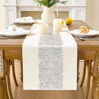 Metallic Style Silver Table Runner, Table Runners 48 Inches Long | Cotton Linen by Aiimart