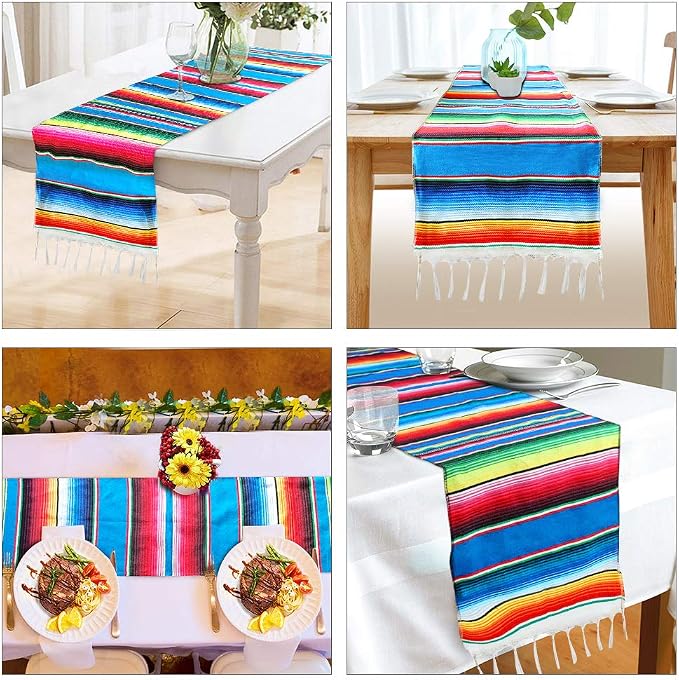 Fowecelt Mexican Serape Table Runner 14 x 84 Inch Hand-Woven Blanket Colorful - Image 5