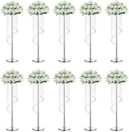 Nuptio Wedding Centerpieces Silver Vases: 10 Pcs 35.4in Tall Crystal Flower Vase Metal Flowers Stand for Party Tables Decorations - Elegant Bulk Weddings Decoration Table Chandelier Centerpiece stands