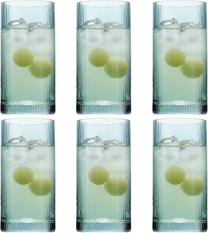 Physkoa Sage Green Ribbed Drinking Glasses Set of 6 – Vintage Embossed Highball by Physkoa