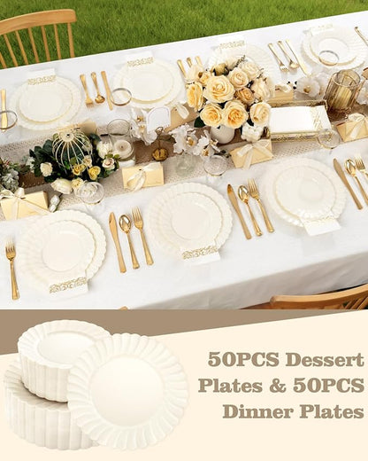 YOUBET 100PCS Ivory Scalloped Plastic Plates - Image 4