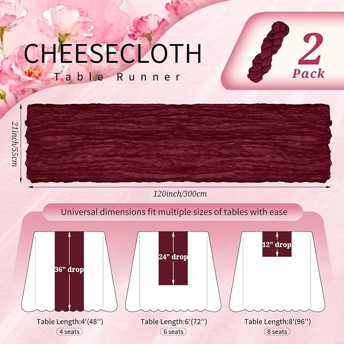 Showgeous 2 Pack Burgundy Cheesecloth Table Runners Boho Wedding Decor | Rustic - Image 2