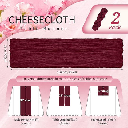Showgeous 2 Pack Burgundy Cheesecloth Table Runners Boho Wedding Decor | Rustic - Image 2