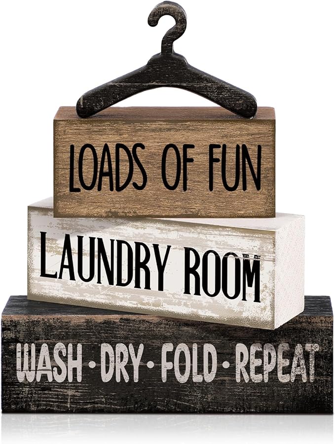 Moucuny 4 Pcs Farmhouse Laundry Room Decor and Accessories Stacked Blocks Loads by Moucuny