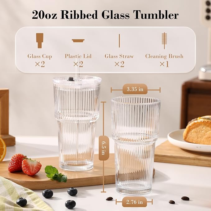 20oz Iced Coffee Cups with Lids, Ribbed Glass Cups with Lids and Straws | Thick - Image 6