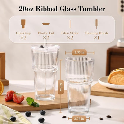 20oz Iced Coffee Cups with Lids, Ribbed Glass Cups with Lids and Straws | Thick - Image 6