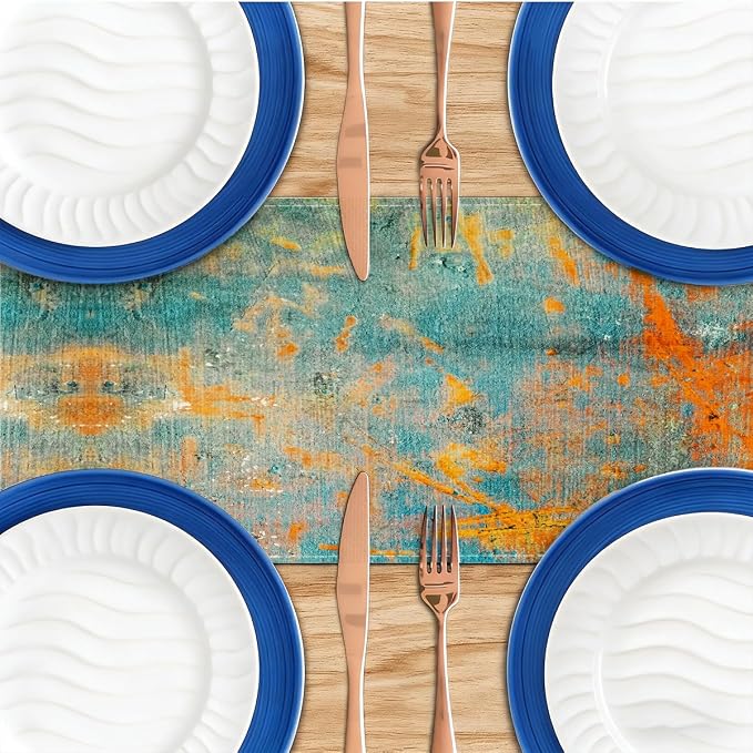 Modern Abstract Teal Yellow Colorful Table Runner Summer Runner Party Decor | - Image 4