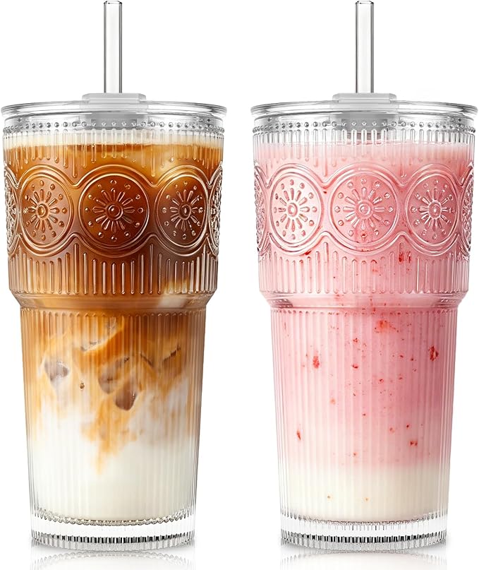 KEMORELA 20oz Ribbed&Floral Iced Coffee Cups by KEMORELA