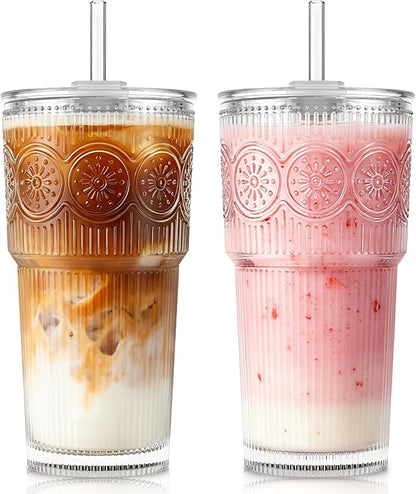 KEMORELA 20oz Ribbed&Floral Iced Coffee Cups by KEMORELA