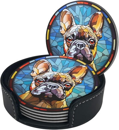 Drink Coaster Set of 6, French Bulldog Dog Mom Lover Gift,Leather Drink Coasters with Holder,6 Pack Cup/Bar/Drink Coasters for Table/Drinks/Coffee Protection Housewarming Gift