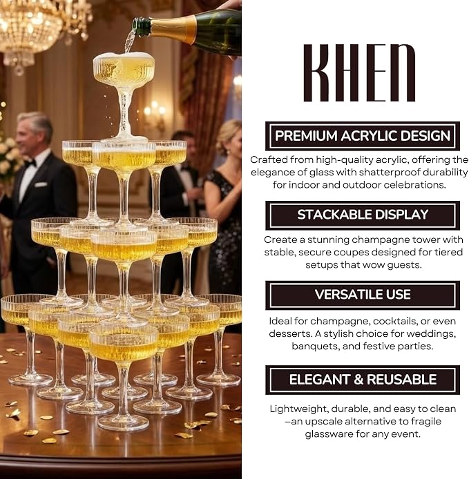 Khen Acrylic Champagne Tower | Set of 20 | 7 oz Stackable Unbreakable Coupe - Image 5