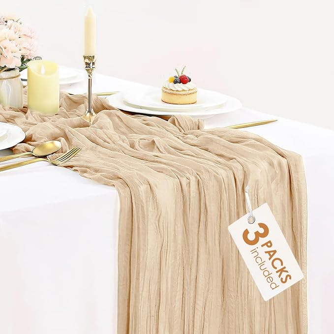3 Pack Champagne Table Runner Summer Boho Cheesecloth Table Runner Gauze Table by BlueTopCoLtd