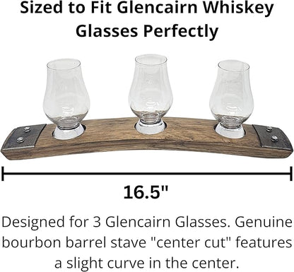 Barrel Stave Premium 3 Glass Whiskey Flight Serving Tray with Glencairn Glasses, Dark Walnut