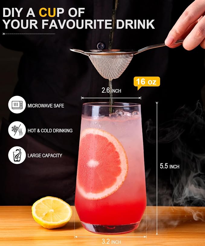 16oz Drinking Glasses Set of 8, Lead-Free Crystal Tall Water Glass Glassware | - Image 2