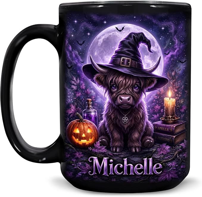 Hyturtle Halloween Highland Cow Mug, Custom Name Gift by Hyturtle