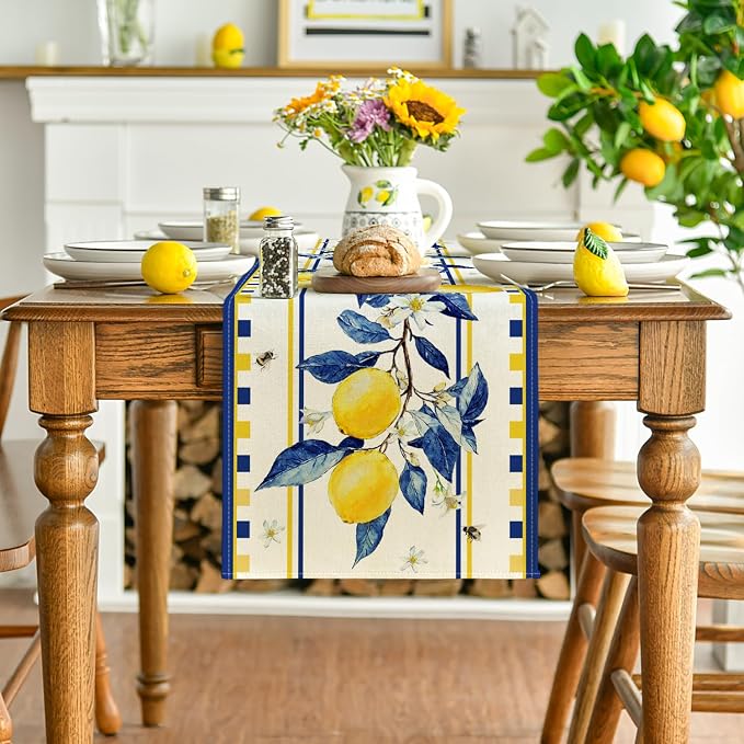 Artoid Mode Lemon Tree Flower Bee Summer Table Runner, Seasonal Holiday Kitchen - Image 2