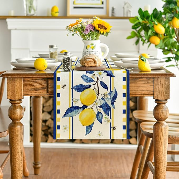 Artoid Mode Lemon Tree Flower Bee Summer Table Runner, Seasonal Holiday Kitchen - Image 2