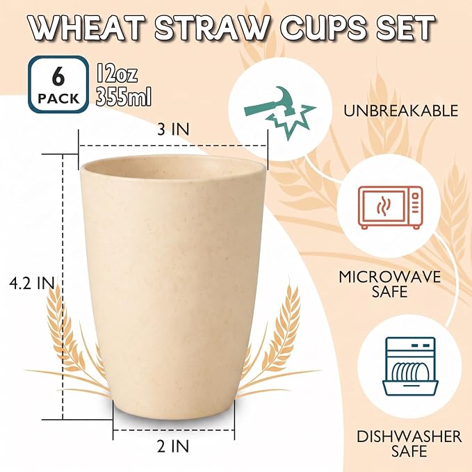 Wrova Wheat Straw Cups 6 PCS Good Alternative to Plastic Reusable Cups 12 oz - Image 2