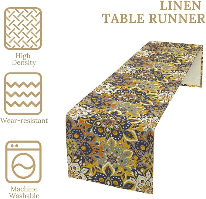 YCness Mandala Floral Table Runner, Retro Colorful Hippie Flowers Boho Table - Image 5
