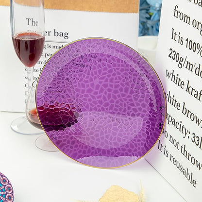 Hioasis 60pcs Purple Plastic Plates - Gold Rimmed Disposable, Hammered, Heavy-duty Dinnerware Set Suitable for 30 Guests, 10.25" Dinner & 7.5" Dessert Plates for Party & Wedding