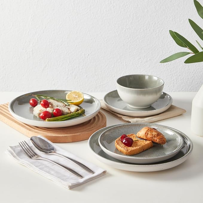 Gradient Green Stoneware Dinnerware Sets, Handmade Ceramic Round Dishes Set - Image 5