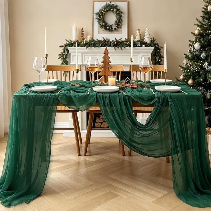 6Pcs Christmas Table Runner, 10FT Cheesecloth Emerald Green Table Runners - Image 8