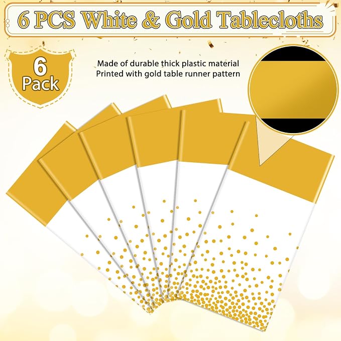 6Pcs White and Gold Tablecloth Party Decorations, Plastic White Table Cloth - Image 4