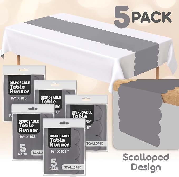Silver Grey Scallop Table Runner, Disposable Plastic, 5 Pk - Image 2