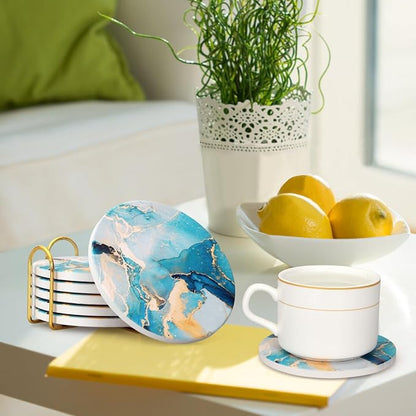 6 Pcs Light Blue Marble Abstract Ceramic Coasters - Image 7